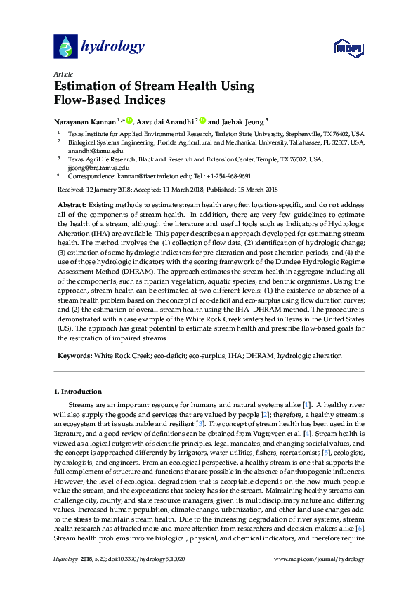 (PDF) Estimation of Stream Health Using Flow-Based Indices