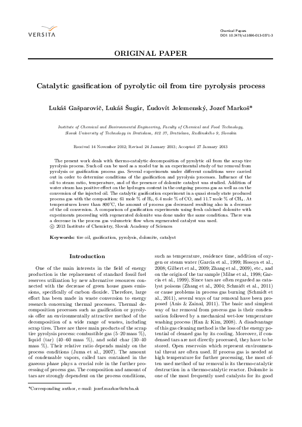 (PDF) Catalytic gasification of pyrolytic oil from tire pyrolysis process