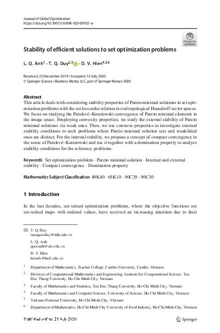 (PDF) Stability of efficient solutions to set optimization problems