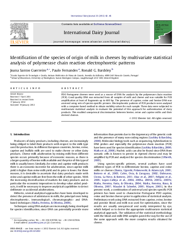 (PDF) Identification of the species of origin of milk in cheeses by ...