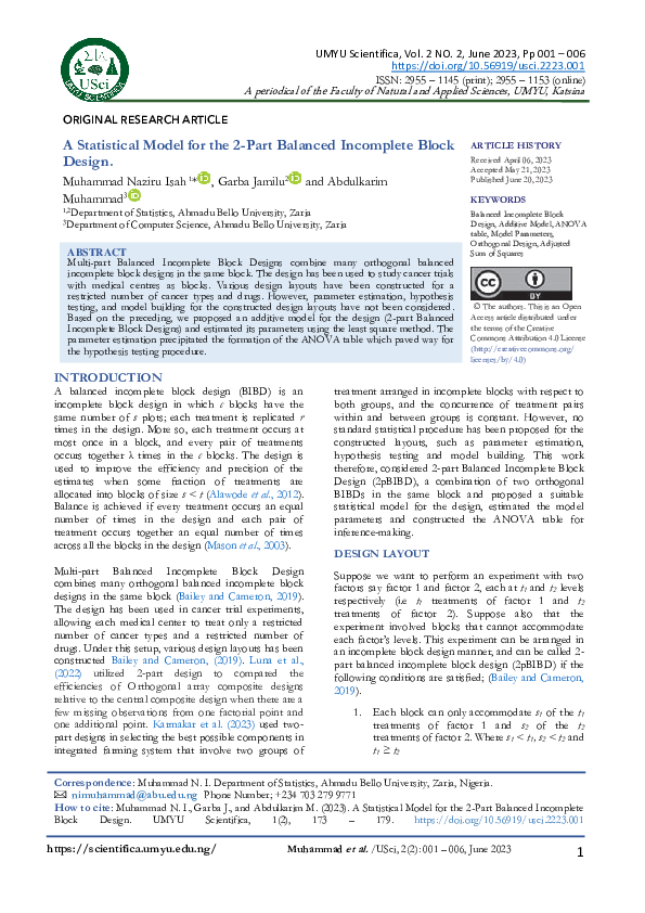 (PDF) A Study on 2-Part Balanced Incomplete Block Design