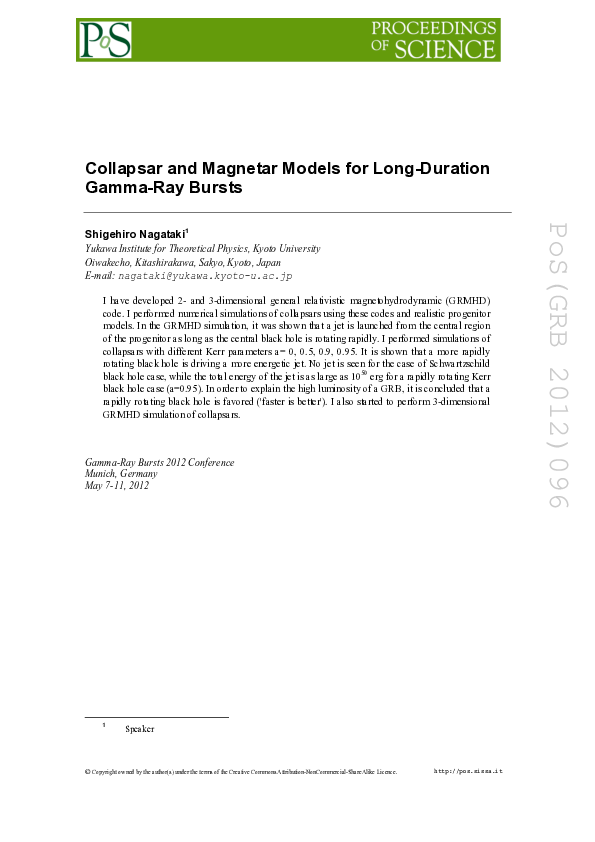 (PDF) Collapsar and Magnetar Models for Long-Duration Gamma-Ray Bursts