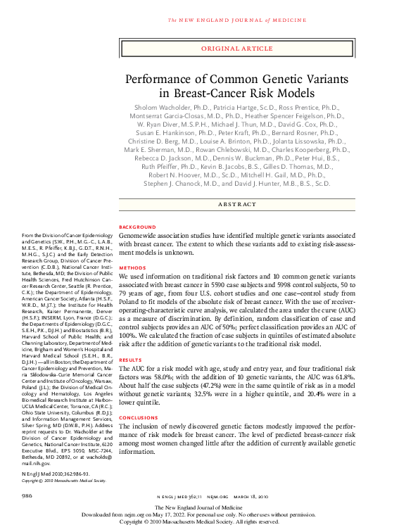 (PDF) Performance of Common Genetic Variants in Breast-Cancer Risk Models