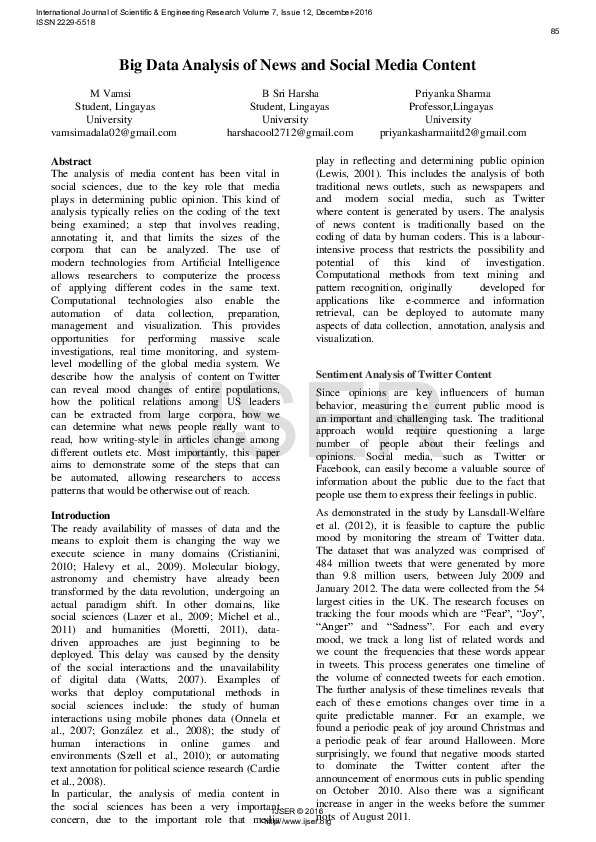 (PDF) Big Data Analysis of News and Social Media Content