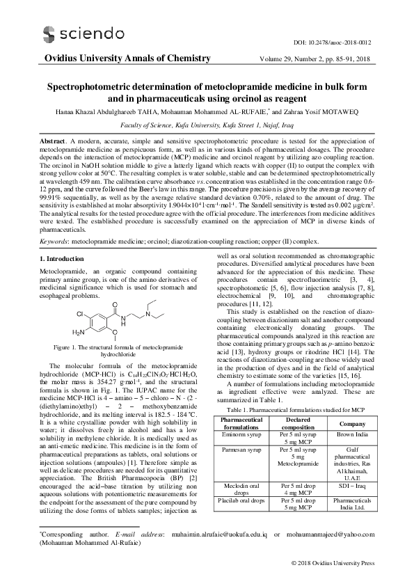 (PDF) Spectrophotometric determination of metoclopramide medicine in ...