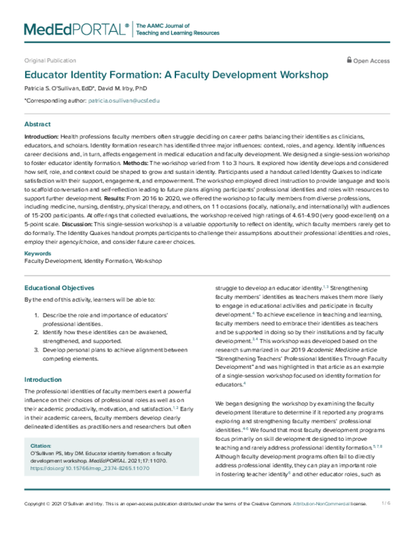 (PDF) Educator Identity Formation: A Faculty Development Workshop