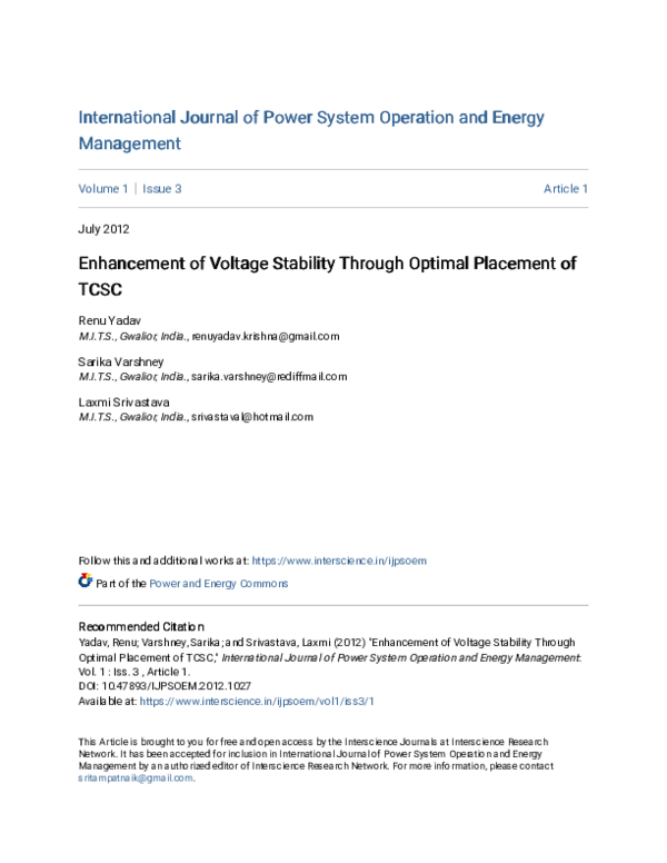 (PDF) Enhancement of Voltage Stability Through Optimal Placement of TCSC