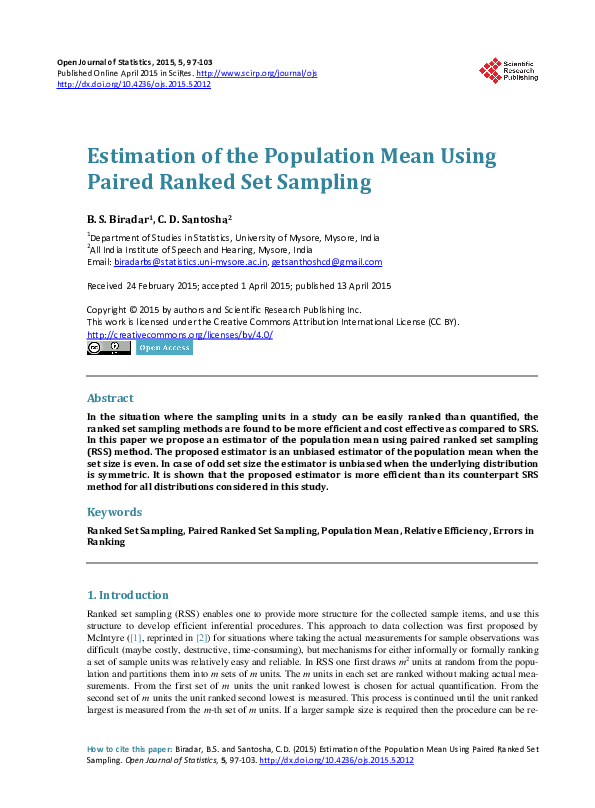 (PDF) Estimation of the Population Mean Using Paired Ranked Set Sampling