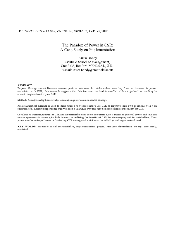 (PDF) The Paradox of Power in CSR: A Case Study on Implementation