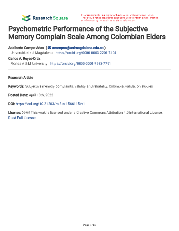 (PDF) Psychometric Performance of the Subjective Memory Complain Scale ...