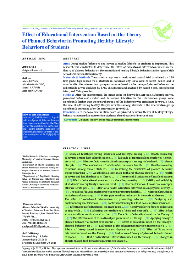 (PDF) Effect of Educational Intervention Based on the Theory of Planned ...