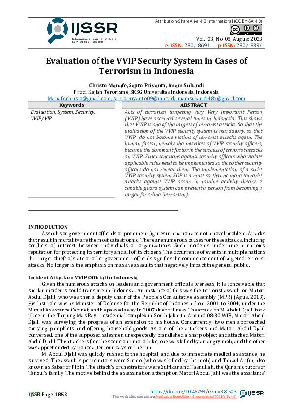(PDF) Evaluation of the VVIP Security System in Cases of Terrorism in ...