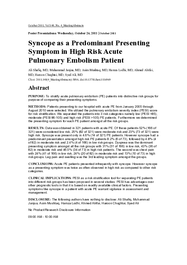 (PDF) Syncope as a Predominant Presenting Symptom in High Risk Acute ...