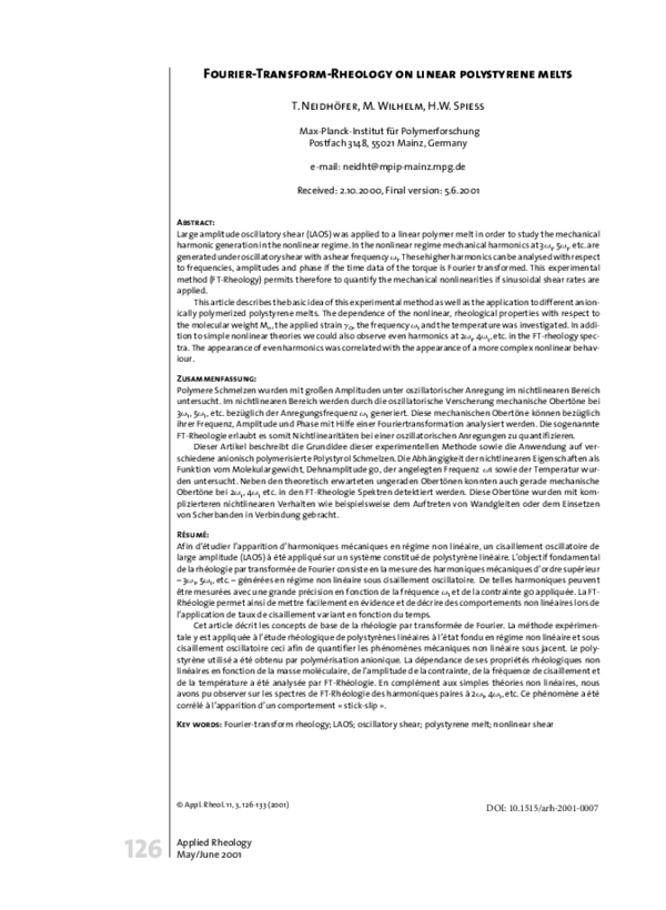 (PDF) Fourier-Transform-Rheology on linear polystyrene melts