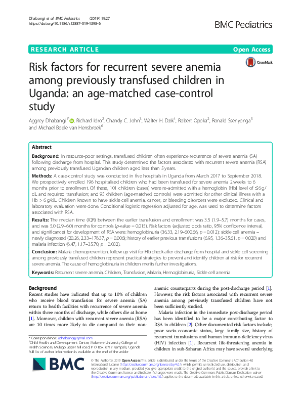 (PDF) Risk factors for recurrent severe anemia among previously ...