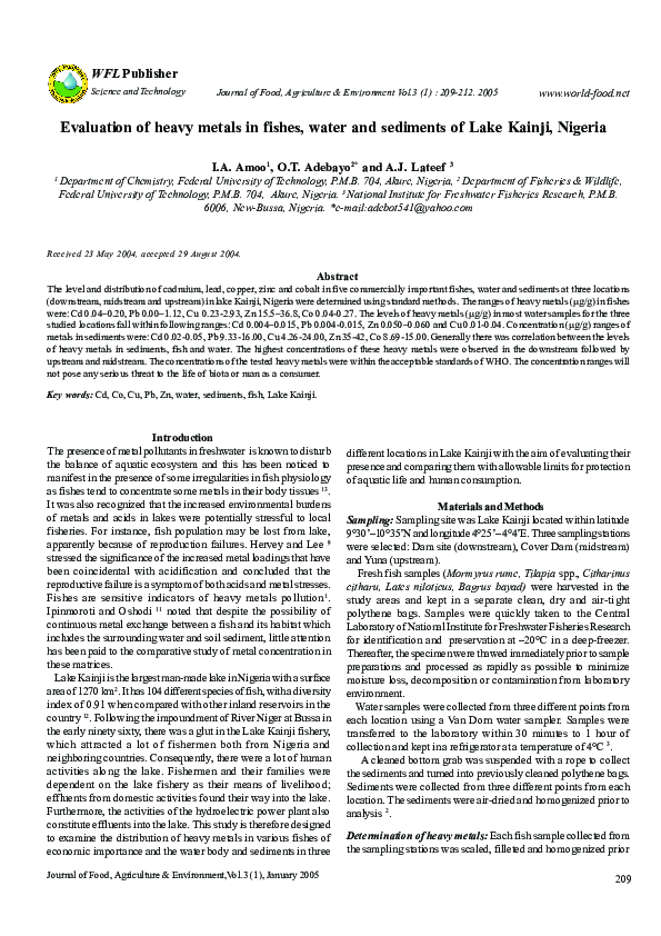 (PDF) Evaluation of heavy metals in fishes, water and sediments of Lake ...