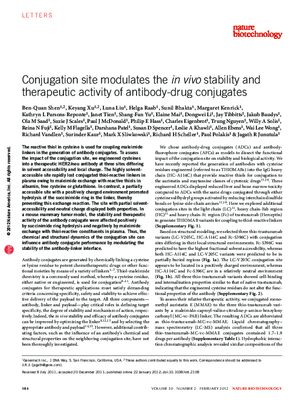 Conjugation site modulates the in vivo stability and therapeutic activity of antibody-drug conjugates