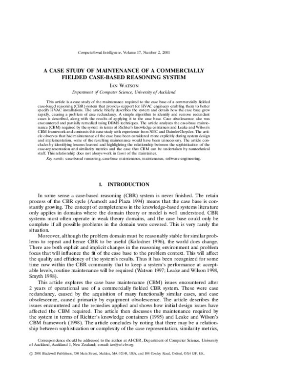 (PDF) A Case Study of Maintenance of a Commercially Fielded Case‐Based ...
