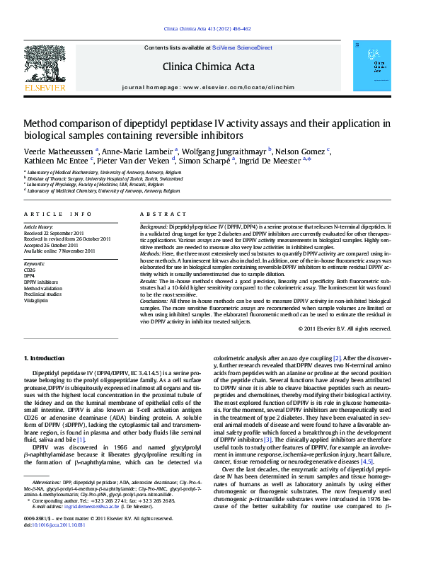 (PDF) Method comparison of dipeptidyl peptidase IV activity assays and ...