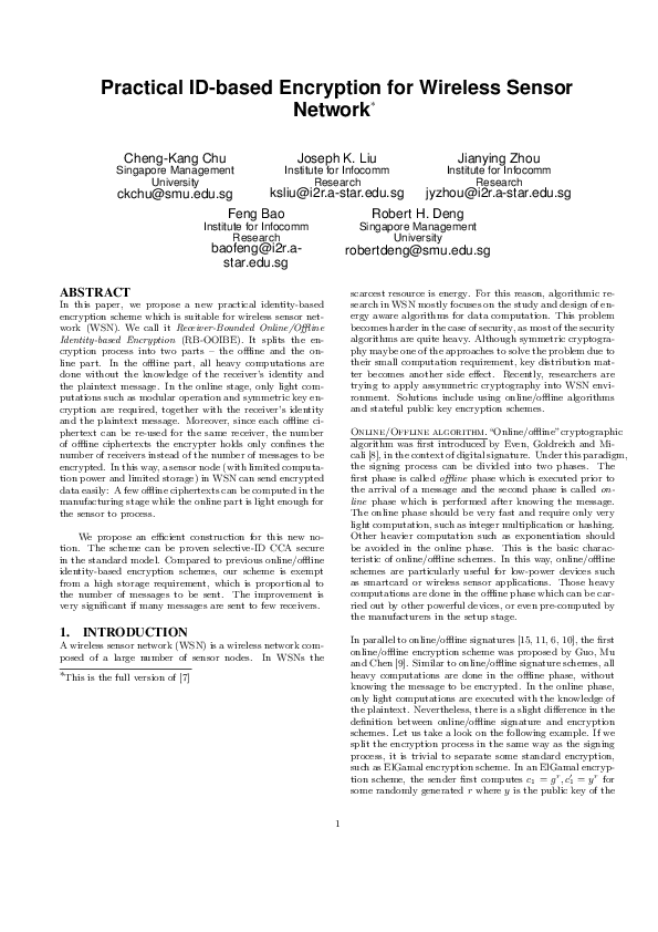 (PDF) Practical ID-based encryption for wireless sensor network