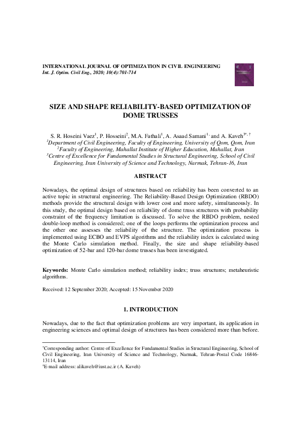(PDF) Size and Shape Reliability-Based Optimization of Dome Trusses