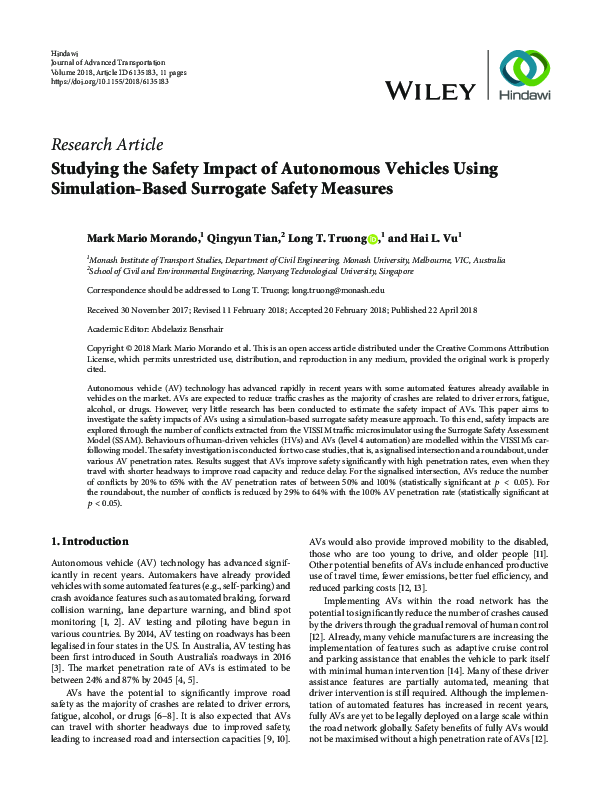 (PDF) Studying the Safety Impact of Autonomous Vehicles Using ...