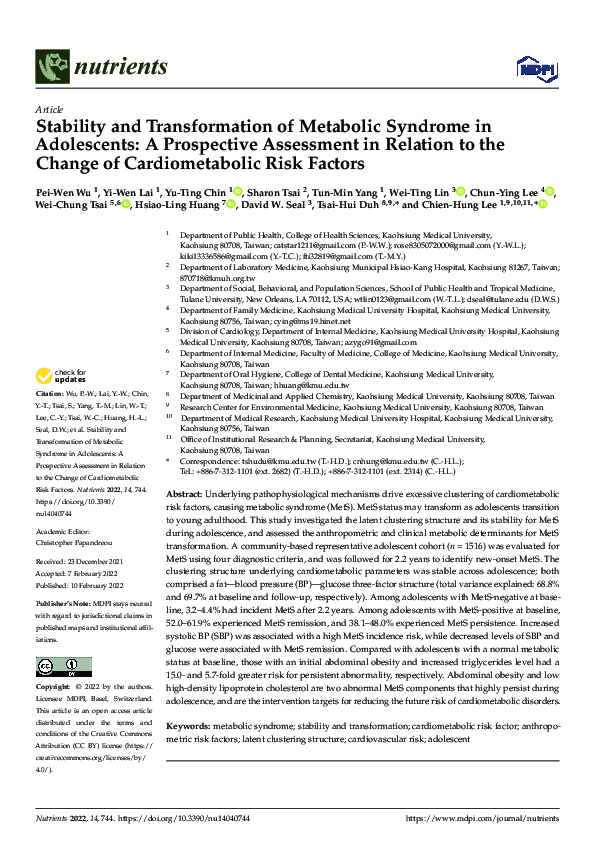 (PDF) Stability and Transformation of Metabolic Syndrome in Adolescents ...
