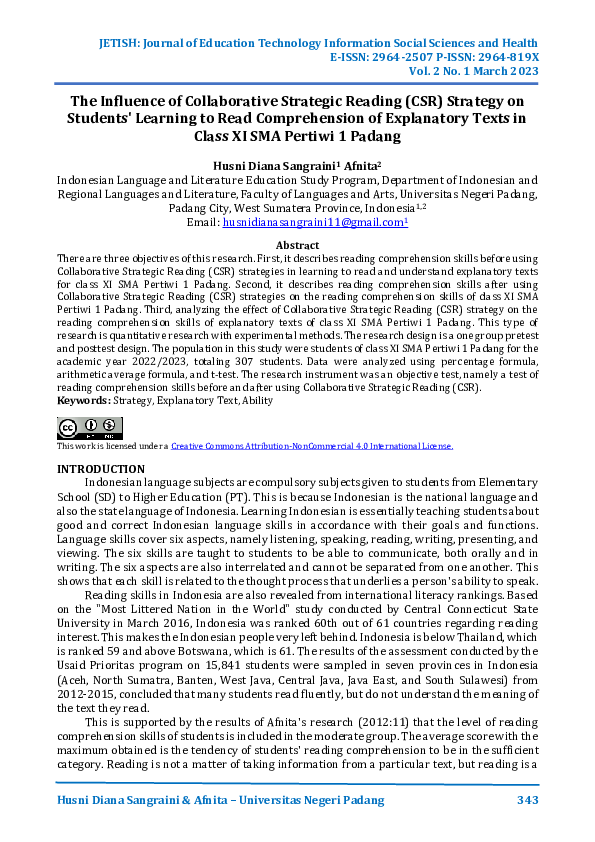 (PDF) The Influence of Collaborative Strategic Reading (CSR) Strategy ...