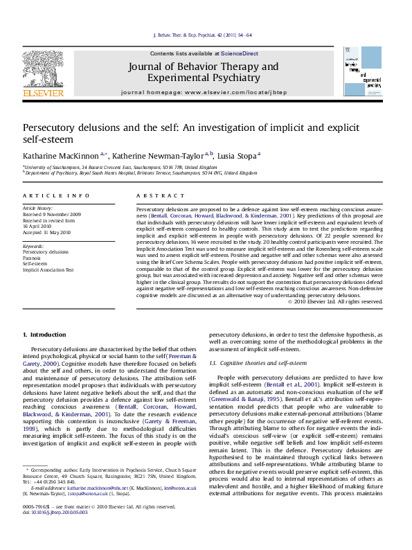 (PDF) Persecutory delusions and the self: An investigation of implicit ...