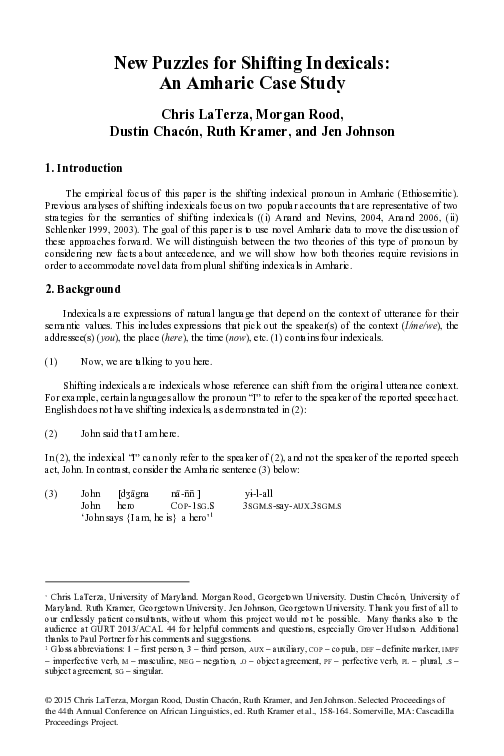 New Puzzles for Shifting Indexicals:An Amharic Case Study