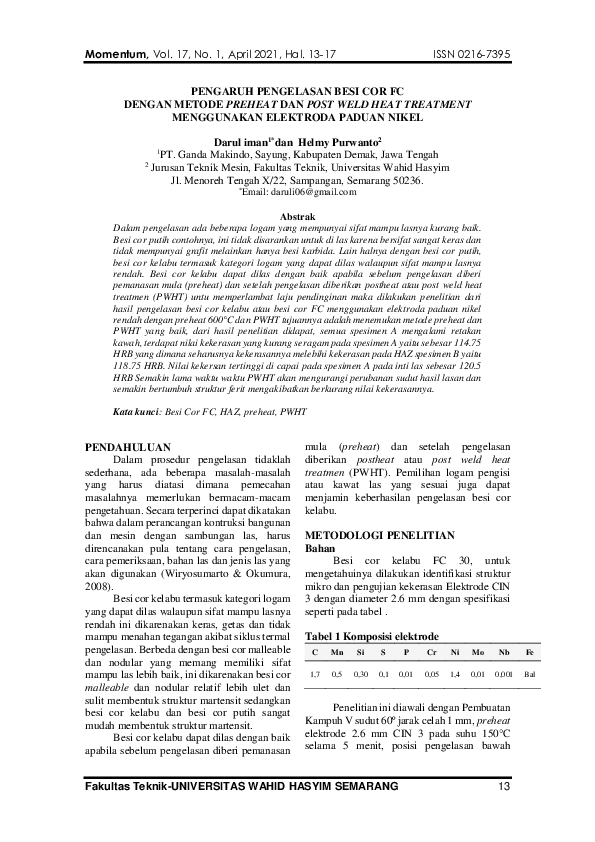 (PDF) Pengaruh Pengelasan Besi Cor FC dengan Metode Preheat dan Post ...