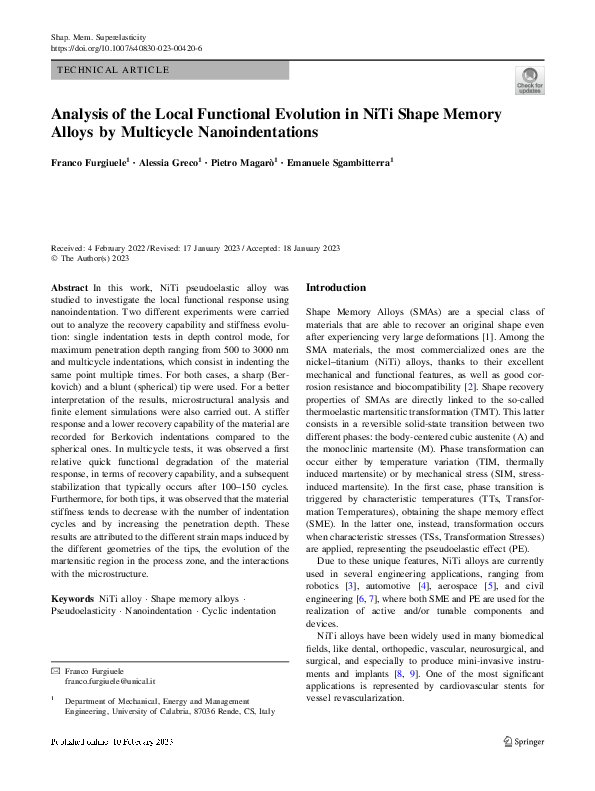 (PDF) Analysis of the Local Functional Evolution in NiTi Shape Memory ...