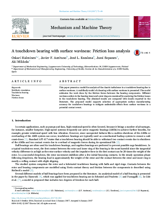 (PDF) A touchdown bearing with surface waviness: Friction loss analysis