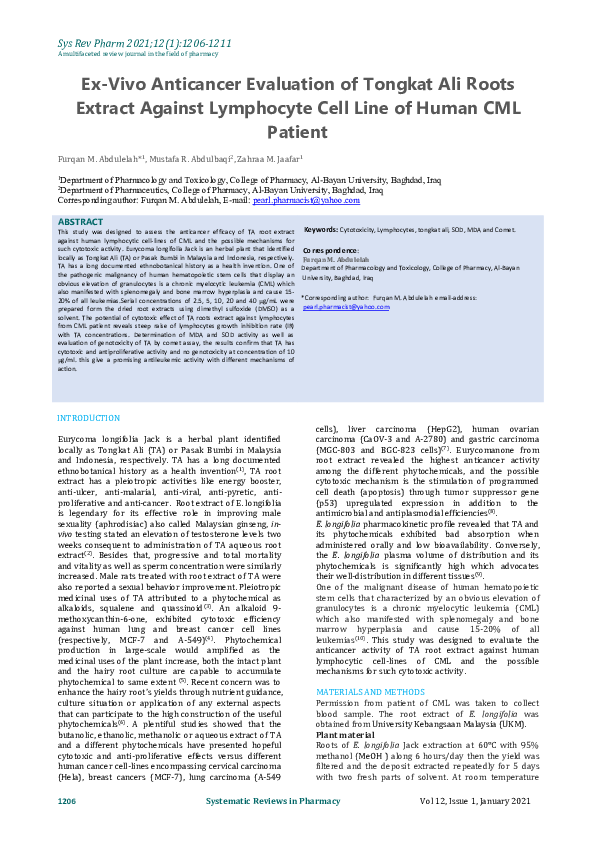 (PDF) Ex-Vivo Anticancer Evaluation of Tongkat Ali Roots Extract ...
