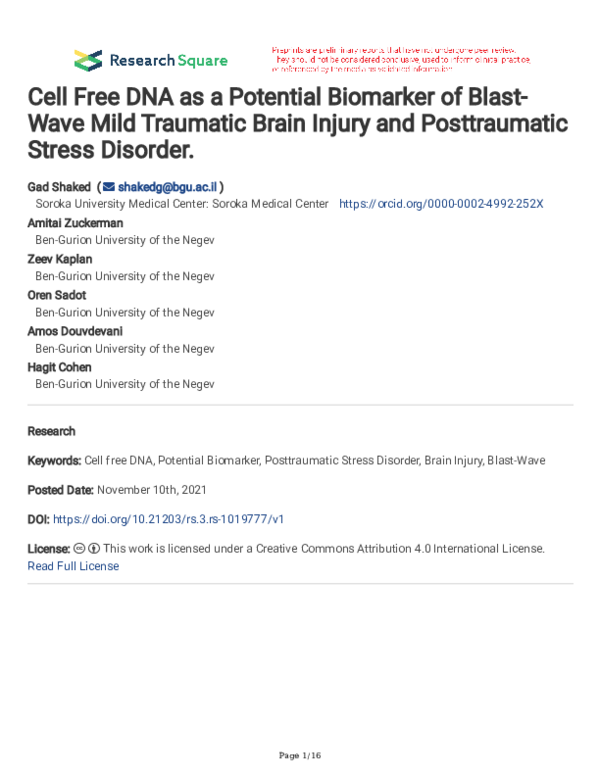 (PDF) Cell Free DNA as a Potential Biomarker of Blast-Wave Mild ...