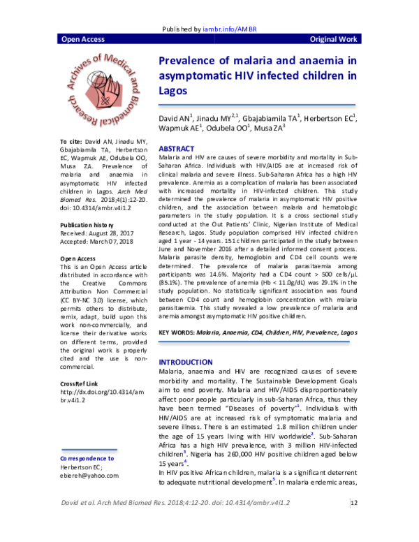 Prevalence of malaria and anaemia in asymptomatic HIV infected children ...