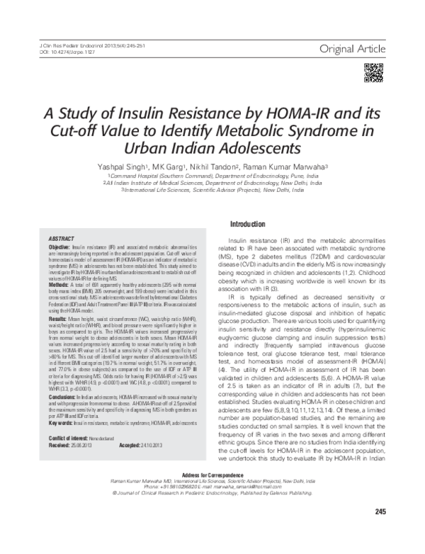 (PDF) A Study of Insulin Resistance by HOMA-IR and its Cut-off Value to ...