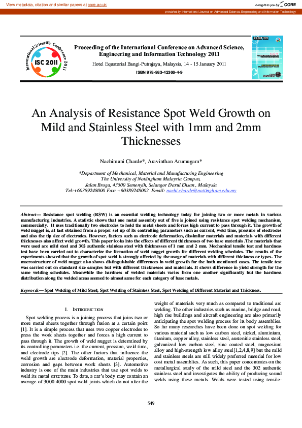 (PDF) An Analysis of Resistance Spot Weld Growth on Mild and Stainless ...