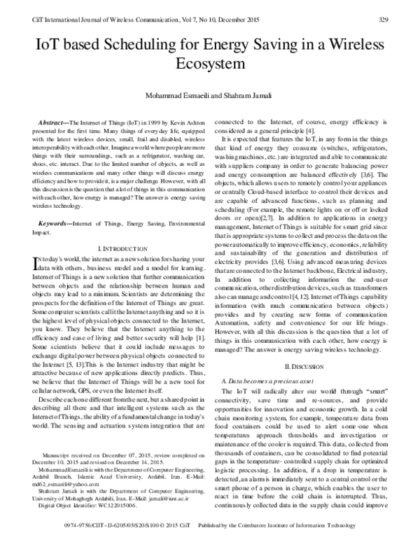 (PDF) IoT based Scheduling for Energy Saving in a Wireless Ecosystem