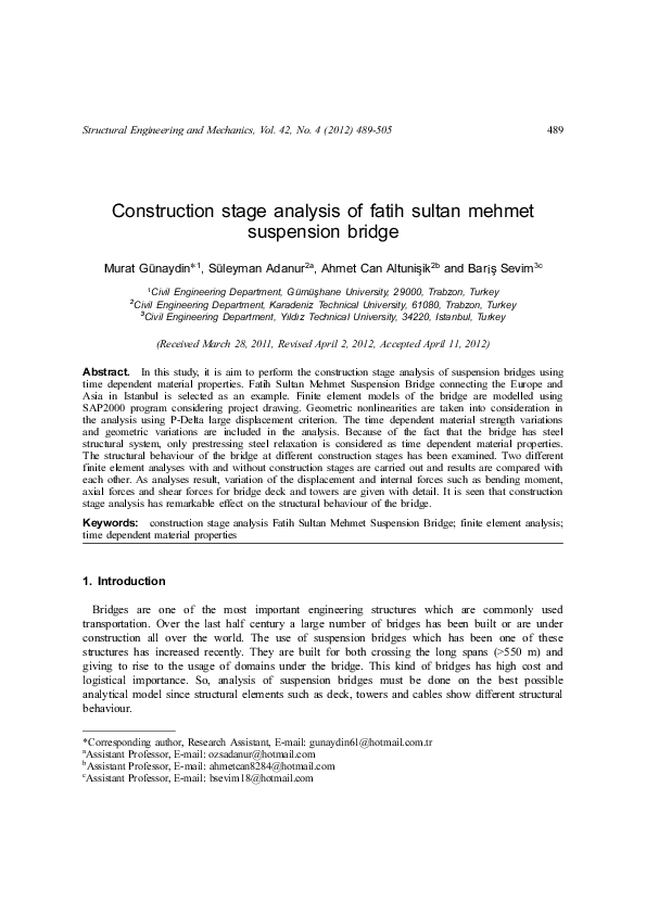 (PDF) Construction stage analysis of fatih sultan mehmet suspension bridge