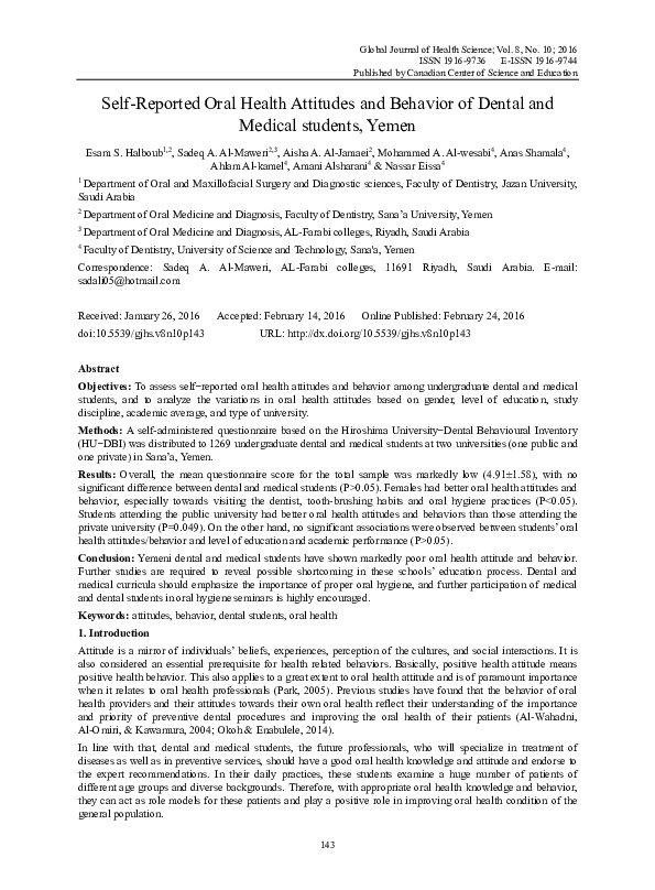 (PDF) Self-Reported Oral Health Attitudes and Behavior of Dental and ...