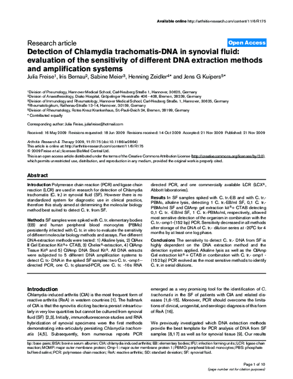 (PDF) Detection of Chlamydia trachomatis-DNA in synovial fluid ...