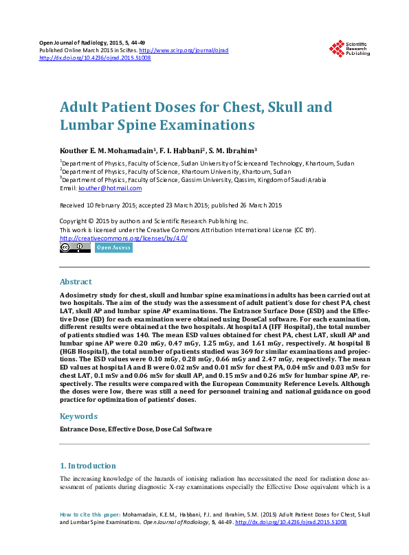 (PDF) Adult Patient Doses for Chest, Skull and Lumbar Spine Examinations