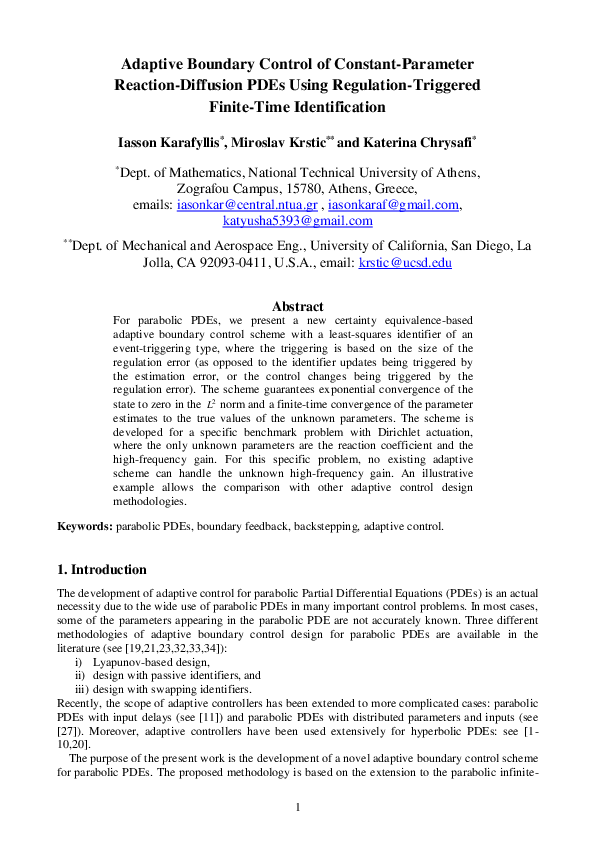 (PDF) Adaptive Boundary Control of Constant-Parameter Reaction ...