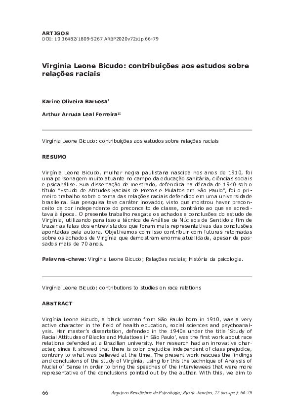 (PDF) Virgínia Leone Bicudo: contribuições aos estudos sobre relações ...