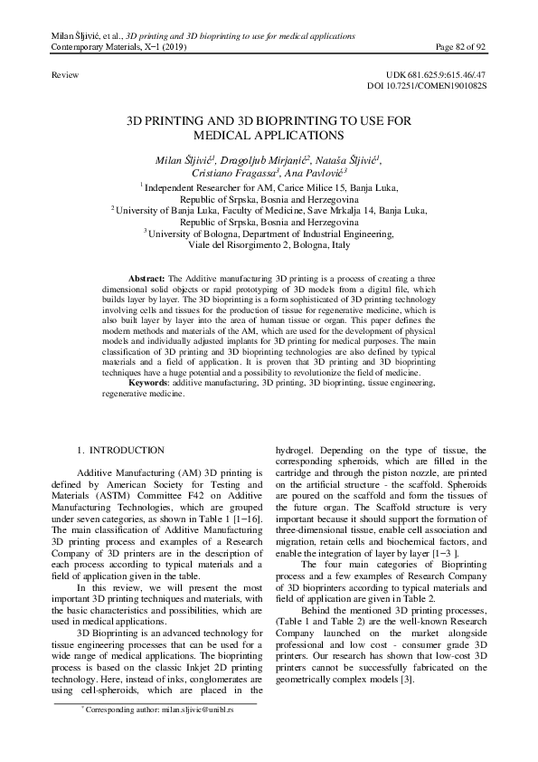 (PDF) 3D Printing and 3D Bioprinting to Use for Medical Applications