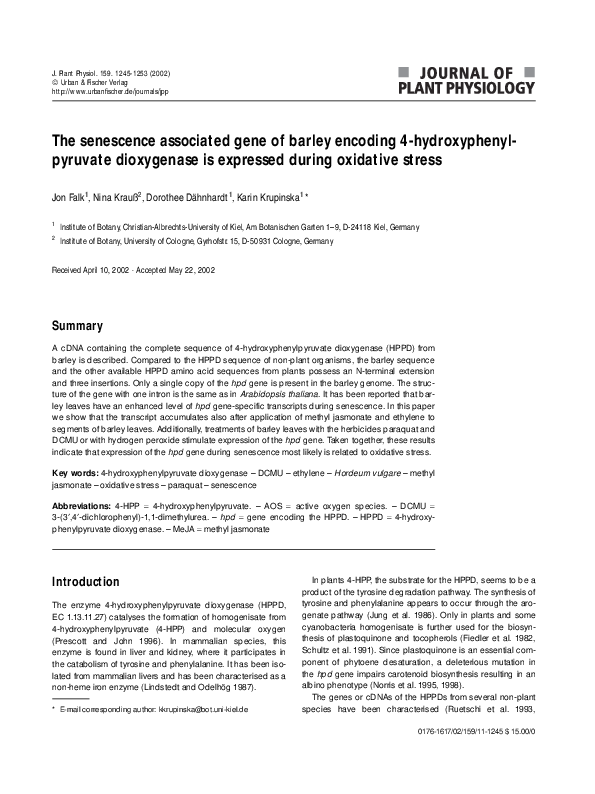 The senescence associated gene of barley encoding 4-hydroxyphenylpyruvate dioxygenase is expressed during oxidative stress