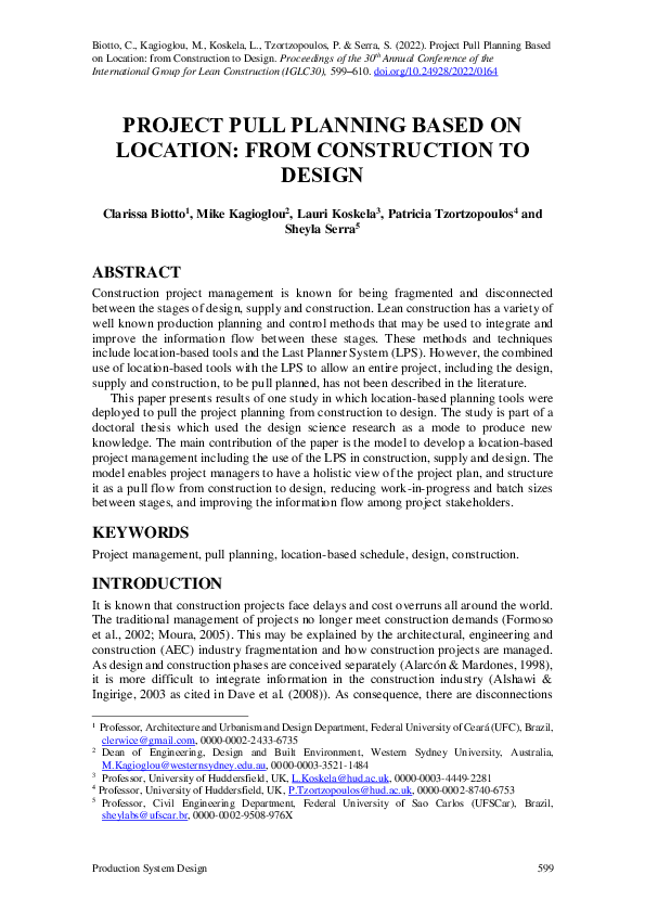 (PDF) Project Pull Planning Based on Location: From Construction to Design