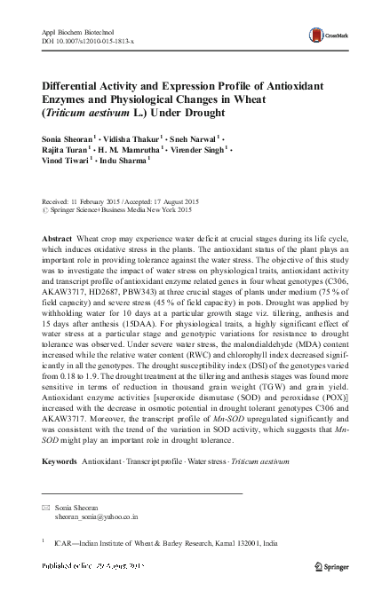 (PDF) Differential Activity and Expression Profile of Antioxidant ...
