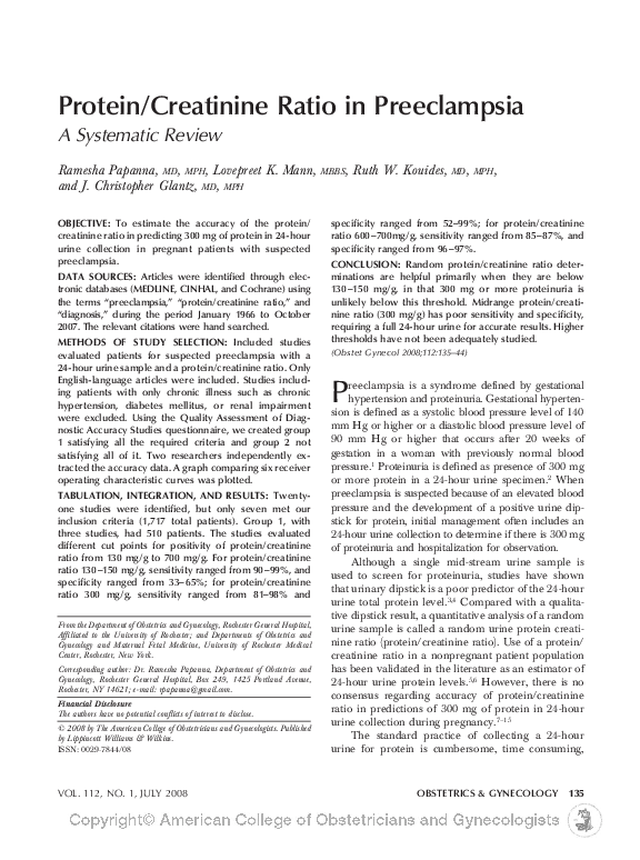 (PDF) Protein/Creatinine Ratio in Preeclampsia Christopher Glantz Academia.edu